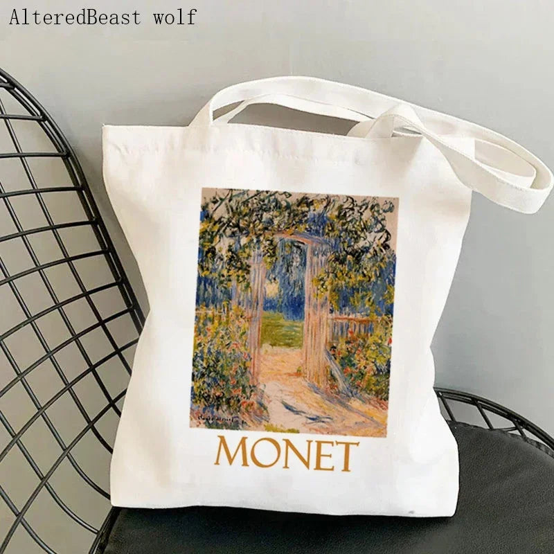 Monet Water Lilies Canvas Shoulder Bag | Sophisticated Kawaii Harajuku Shopping Tote | Elegant Art-Inspired Shopper Handbag | "Dignified" Durable Square Purse for Versatile Daily Styling Luxegan
