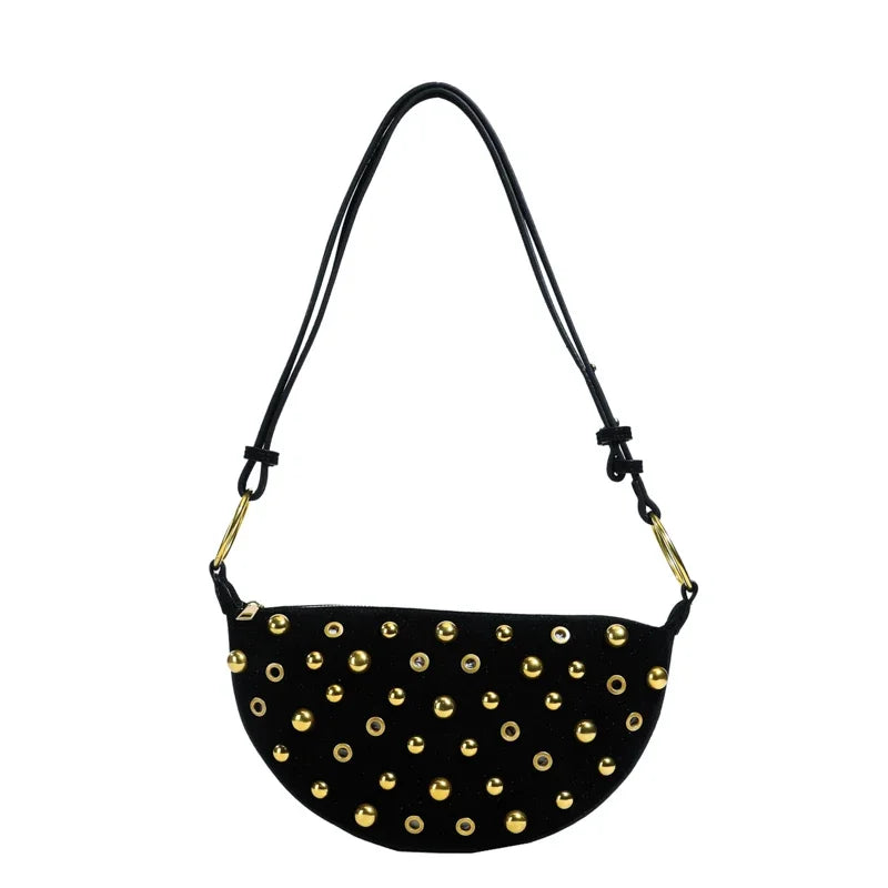 Women's Fashionable Faux Suede Armpit Bag | Versatile Stylish Design Crossbody Purse | High-Quality Solid Color Casual Tote | Retro Rivet Shoulder Bag with Zipper Closure Luxegan