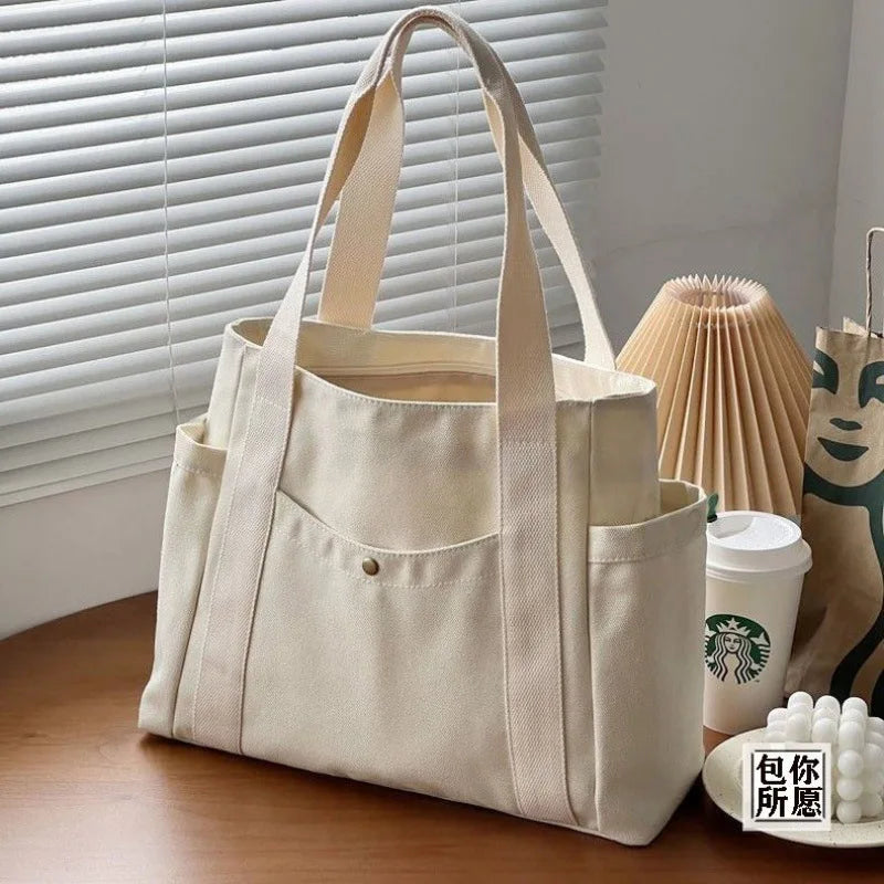 Soft Canvas Preppy Style Large Capacity Tote | Unisex Zippered Commuter Satchel Luxegan