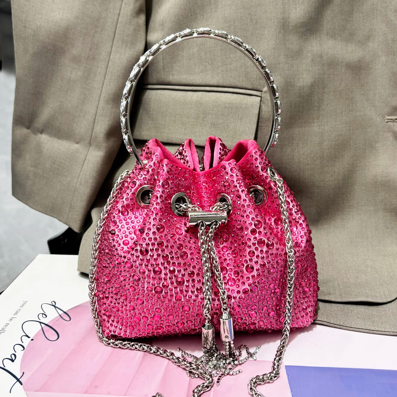 Luxury Designer Rhinestone Evening Clutch | Shiny Crystal Bucket Handbag & Fashion Shoulder Bag Luxegan