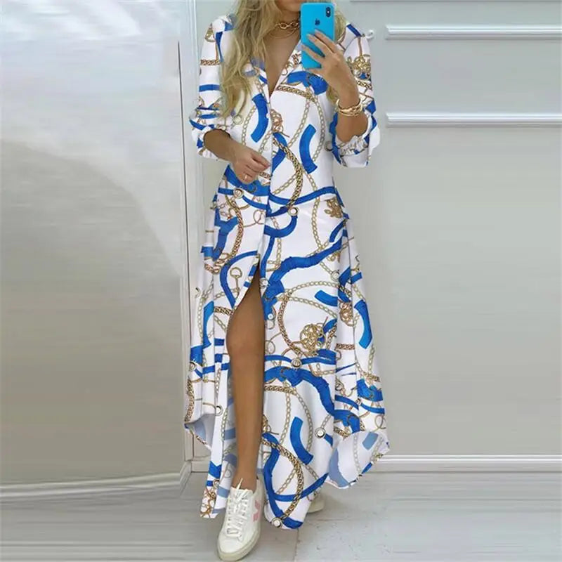 Women's Elegant Bohemian Printed Maxi Shirt Dress | Casual Turn-Down Collar Long Sleeve Gown | Single-Breasted Split Shirt Dress | Loose Fit Ankle-Length Fall Winter Vestido Luxegan