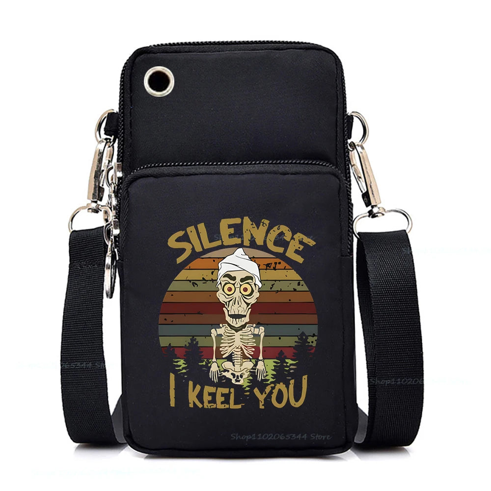 "Dead Inside But Love Cats" Shoulder Bag | Sophisticated Funny Vintage Skeleton Purse | Elegant Cartoon-Print Mobile Phone Bag | "Dignified" Soft Nylon Mini-Handbag for Versatile Casual Styling Luxegan