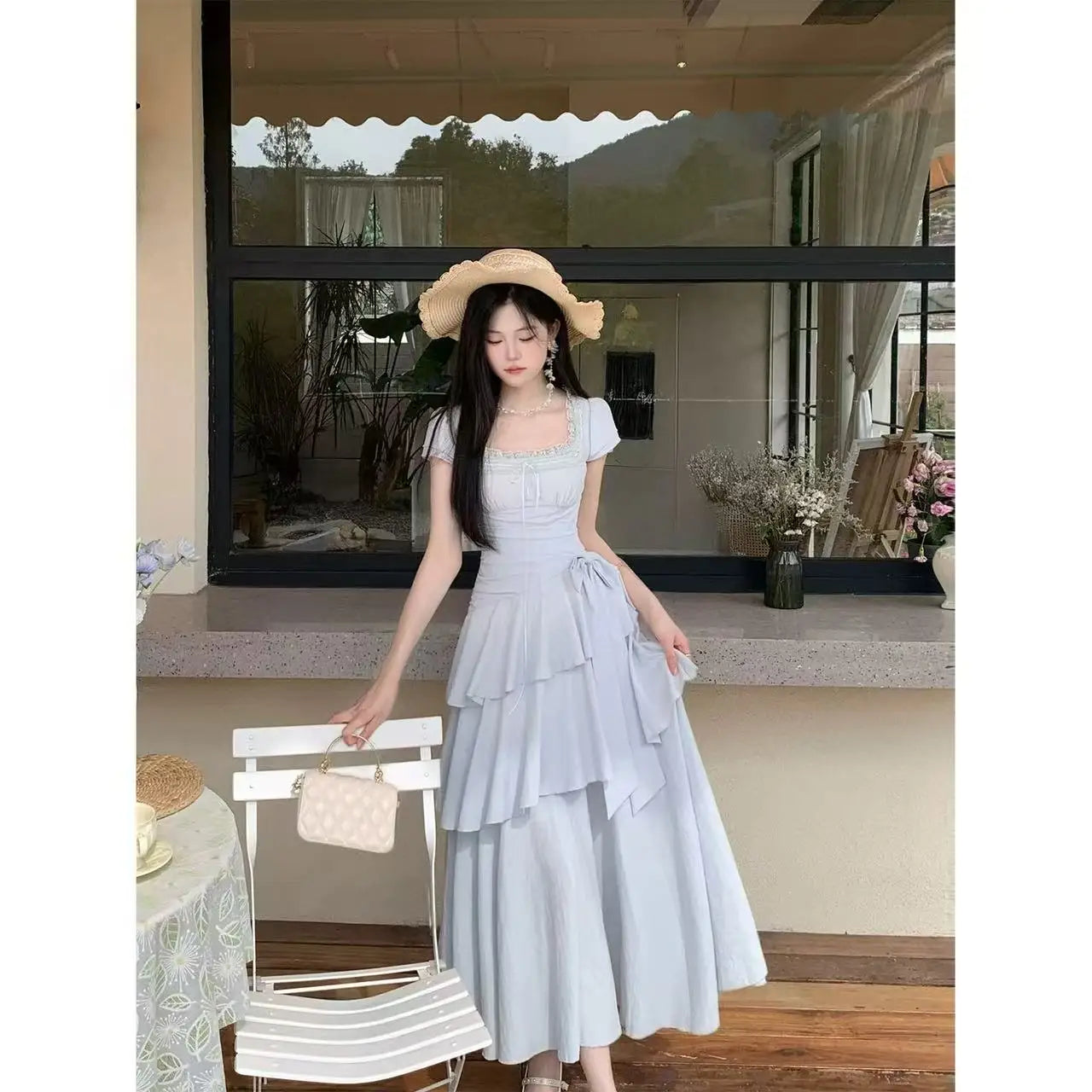 Women's Elegant Vintage Summer Midi Dress | Sweet Korean Style Irregular Evening Gown | Slim Fit A-Line Short Puff Sleeve Vestido | Premium Cotton Blend Bow Neckline Dress Luxegan