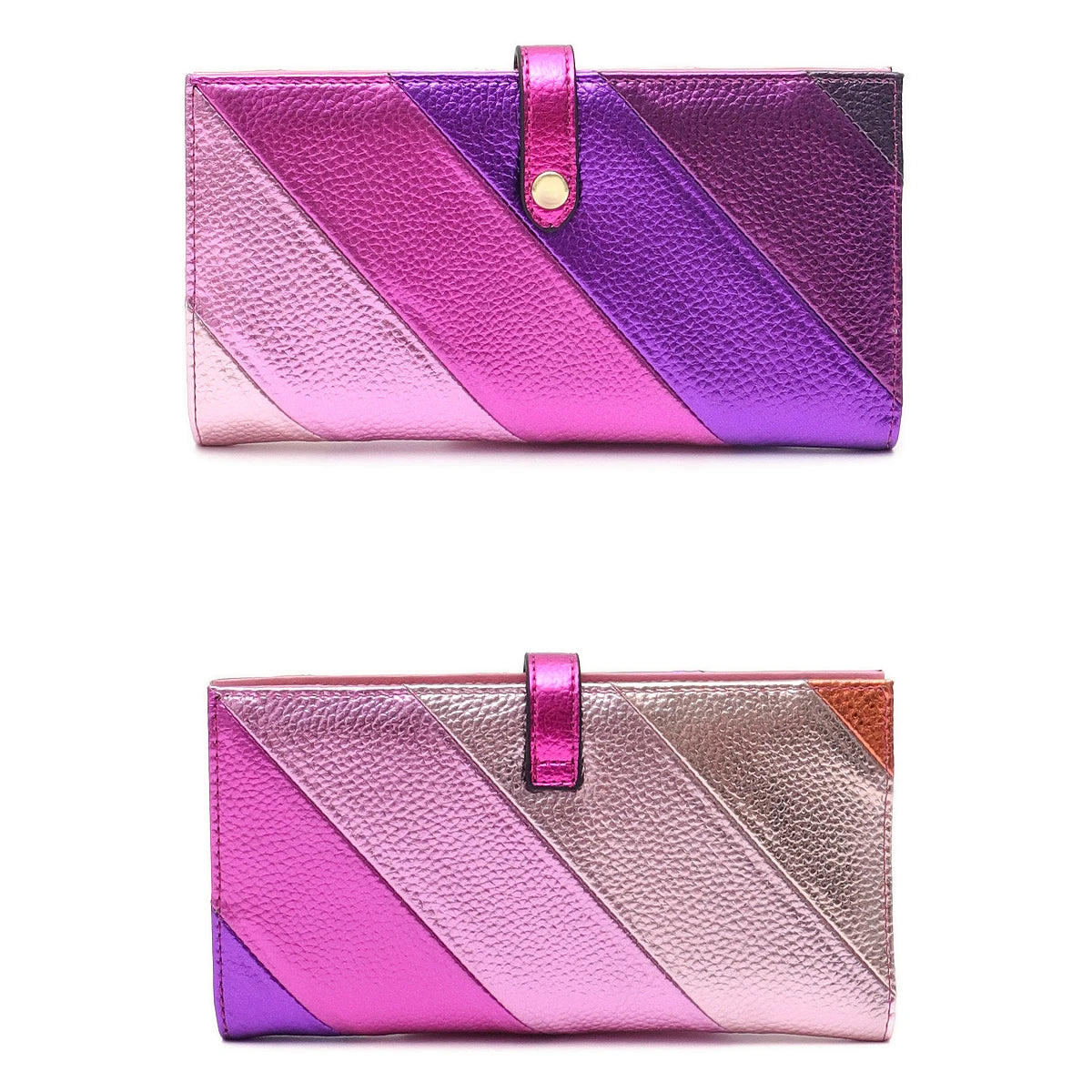 Women’s Fashion Metallic Vegan Leather Wallet | Multicolor Stripe Patchwork Long Purse | Bifold Standard Moneybag with Card Slots & Zipper Coin Pocket Luxegan