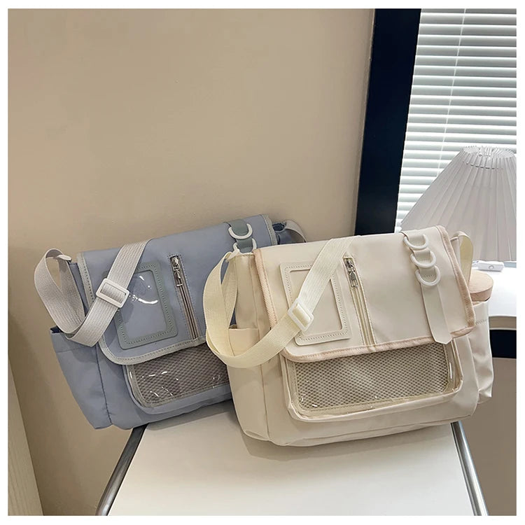 New Y2K Japanese Harajuku School Bag | Transparent Crossbody Ita Bag for Girls | DIY Badges Display Plate Shoulder Satchel Luxegan