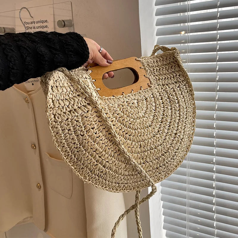 Minimalist Bohemian Half-Moon Straw Tote | Soft Rattan Beach Handbag Luxegan