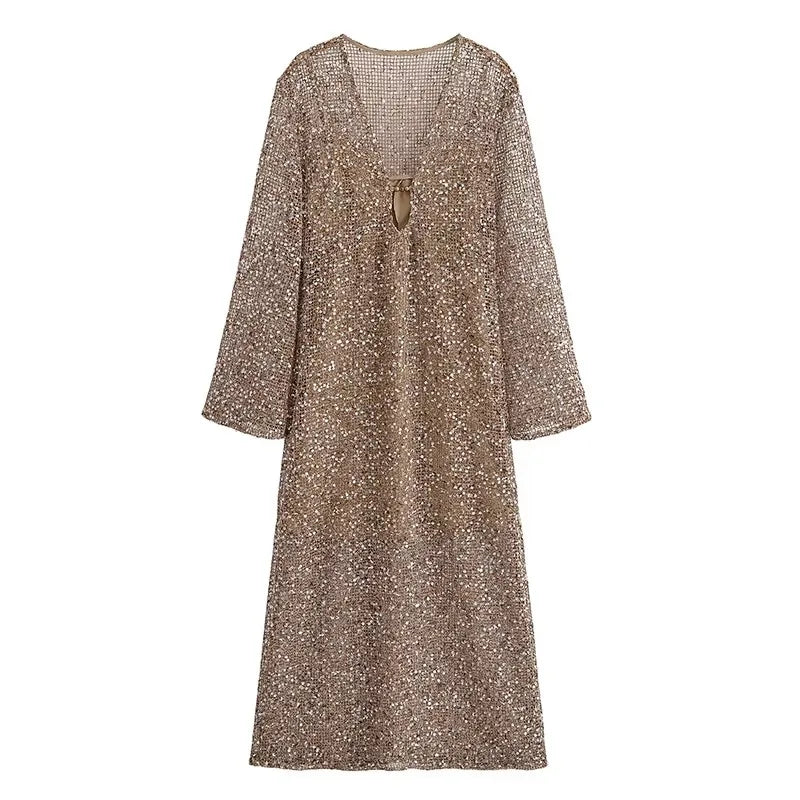Sequin Pleated Maxi Dress | Deep V-Neck Long Sleeve See-Through Party Evening Gown Luxegan