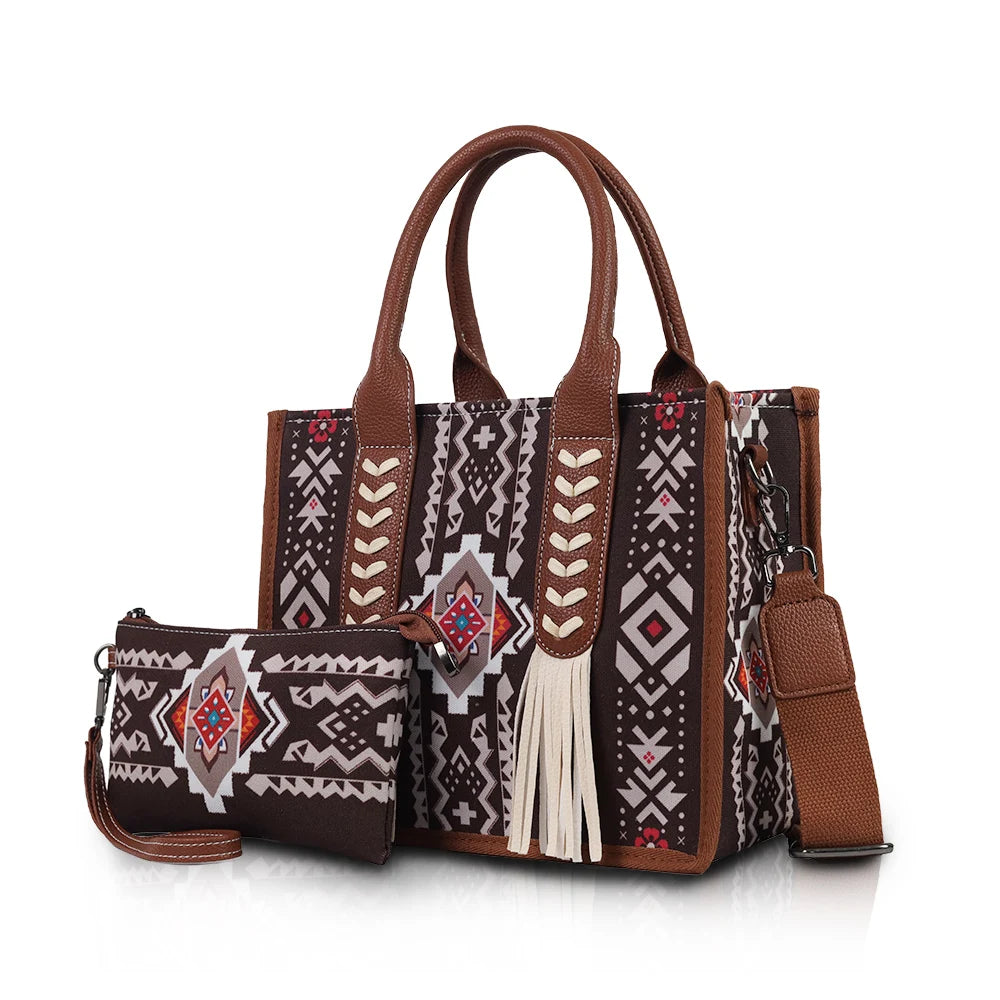 Ethnic Print Hand-Held Crossbody Bag Set | Sophisticated Tassel Decoration Shoulder Bag | Elegant Women’s Commuting Square Handbag | Luxury Polyester Multi-Piece Set with Matching Coin Purse Luxegan
