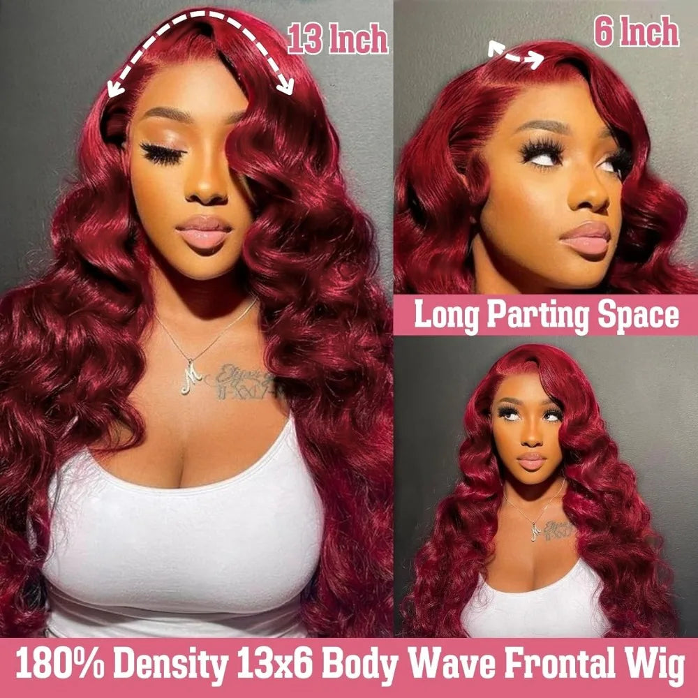 99J Burgundy Body Wave Lace Frontal Wig | Sophisticated 13x6 HD Transparent Lace | Elegant "Brazilian Remy" 26+ Inch Length | "Dignified" Pre-Plucked "Red Color" Human Hair for Radiant Versatile Styling Luxegan