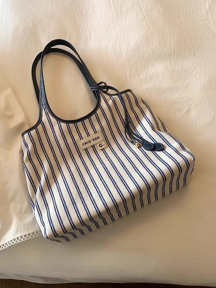 Texture Women's Tote Bag Contrast Color Stripe Shoulder Bags Woman Large Capacity Female Daily Commuting Underarm Packs Handbags