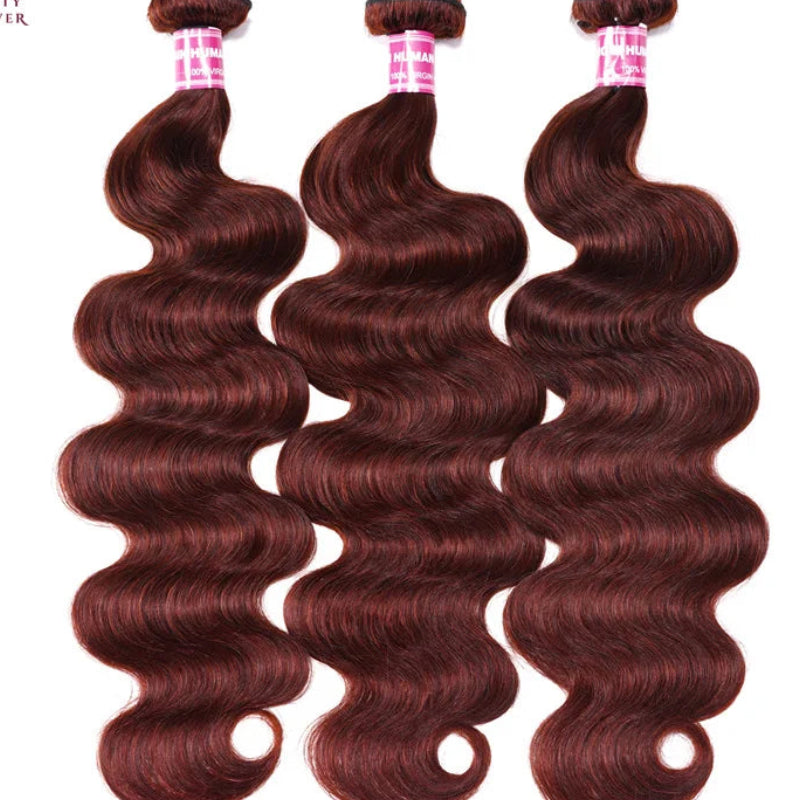 Grade 12A Reddish Brown Human Hair Bundles with Closure | Premium Brazilian Body Wave 3 Bundles with 4x4 Lace Closure | Luxury Colored Remy Human Hair Extensions | Safe to Perm Standard 4-Piece Complete Hair Matrix Luxegan