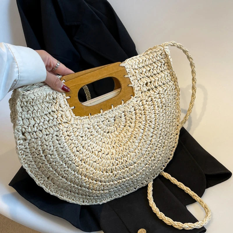 Minimalist Bohemian Half-Moon Straw Tote | Soft Rattan Beach Handbag Luxegan