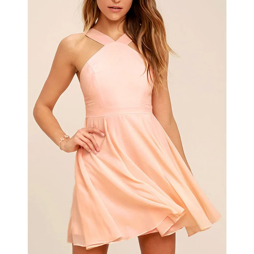Solid Halter Sleeveless Hollow-Out Loose Fit A-Line Mini Dress – Non-Stretch Chiffon, Empire Waist, Summer Luxegan