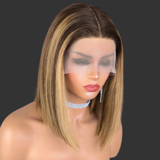 Highlight Blonde Straight Short Bob Wig - 13x6x1 T-Part Transparent Lace Frontal Human Hair Wig - Glueless Brazilian Remy Hair Bob Wig for Women (4-16 Inches) Luxegan