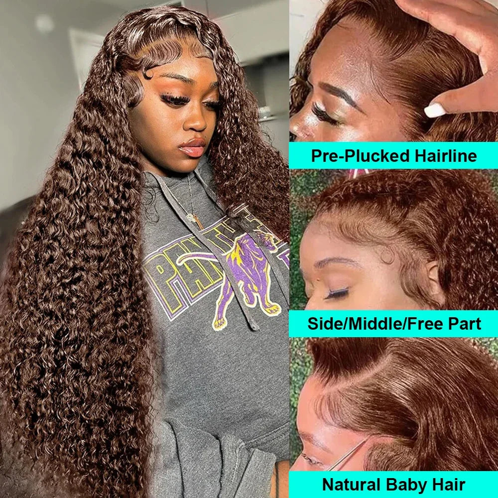 Chocolate Brown Deep Curly Frontal Wig | Sophisticated 13x6 HD Lace Frontal | Elegant Water Wave Brazilian Human Hair | "Dignified" 30–38 Inch Long Remy Hair for Radiant Versatile Styling Luxegan