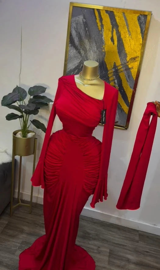 Women's Skew Neck Flare Sleeve Ruched Maxi Dress with Scarf – Floor-Length Luxegan
