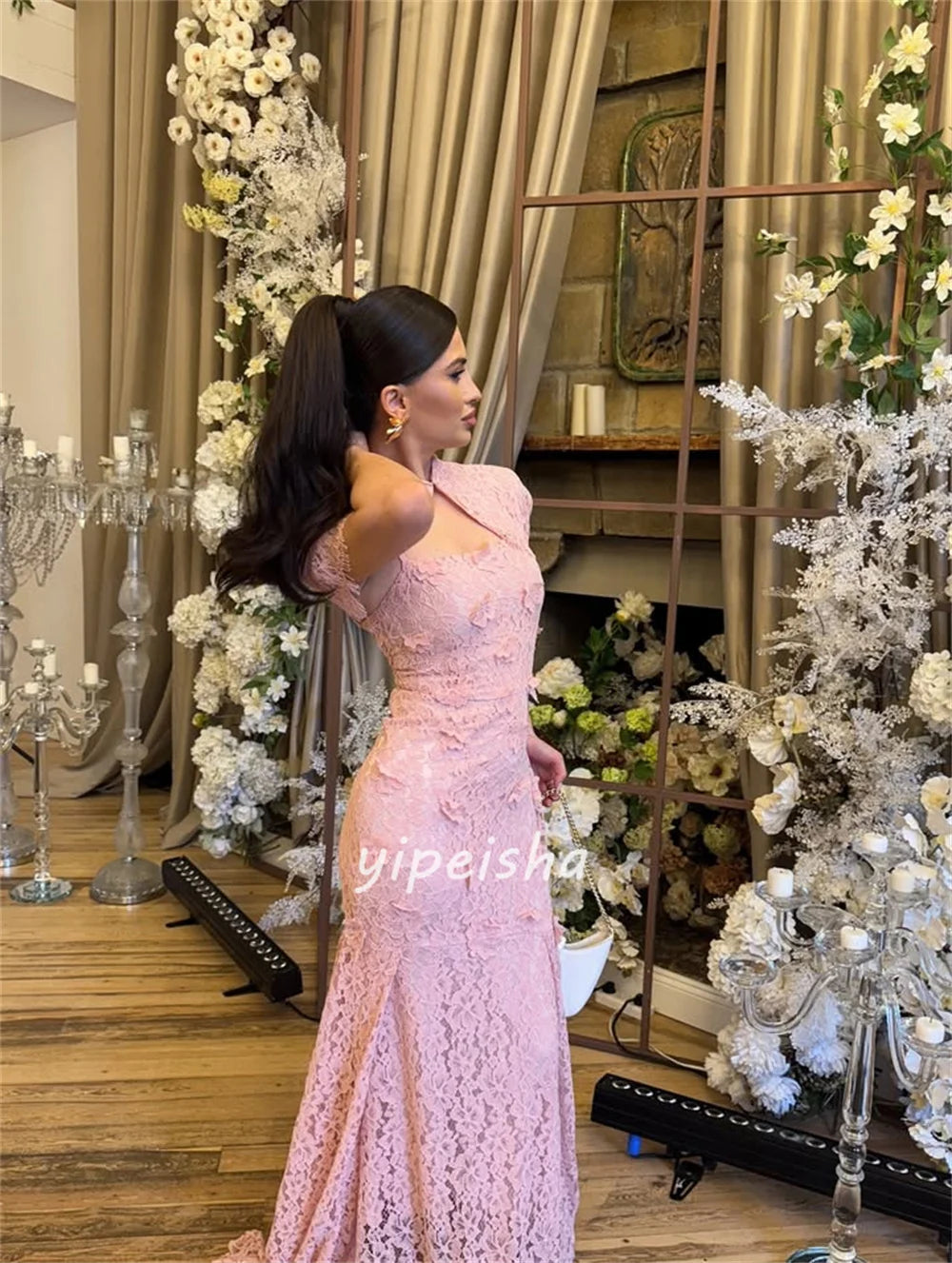 Customized Modern Style Formal Lace Handmade Flower Pleat Mermaid High Collar Long Dresses Bespoke Occasion Dresses High Quality