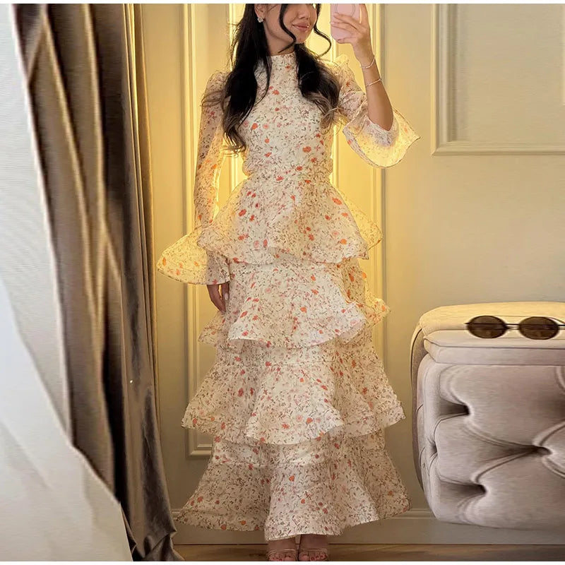 Hand-Painted Floral Print Round Neck Long Sleeve Loose Fit Maxi Dress – Natural Waist, Spring/Summer Luxegan