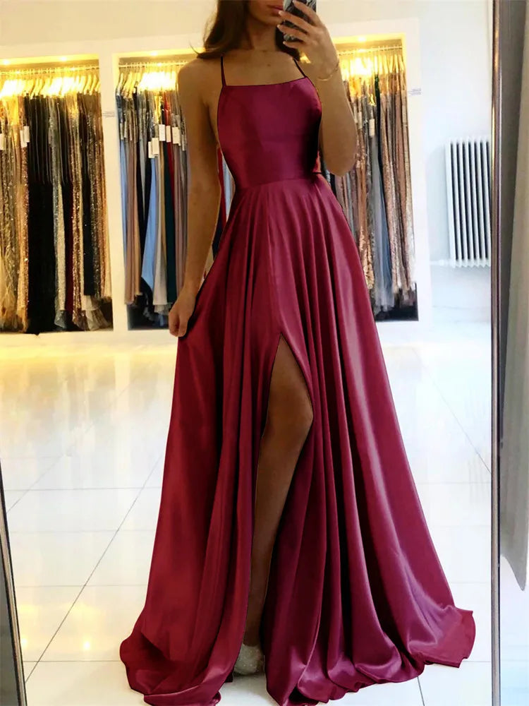 Solid Slash/Cowl Neck Sleeveless Lace-Up Strap Loose Fit A-Line Floor-Length Satin Dress – High Slit, Natural Waist, Summer