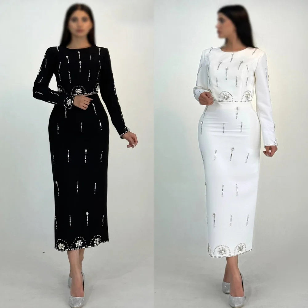 Floral Sequined O-Neck Full-Length Sleeve Straight Ankle-Length Formal Evening Dress – Polyester Jersey, Built-In Bra, Natural Waist Luxegan