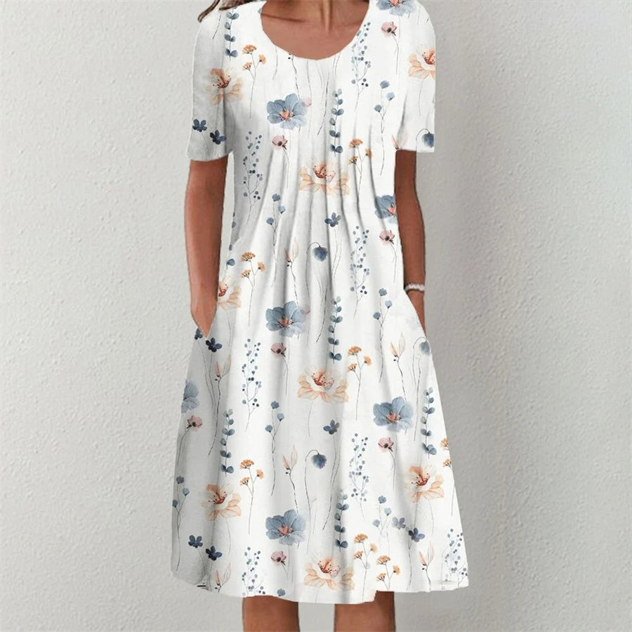 Print O-Neck Short Sleeve Regular Fit A-Line Knee-Length Dress – Non-Stretch Polyester, All Season Luxegan