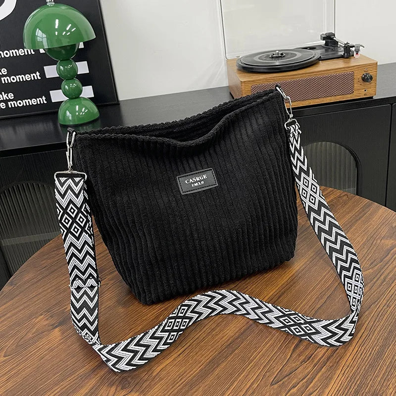 Solid Color Corduroy Messenger Bag | Casual Chic Women’s Bucket Bag | Versatile Crossbody & Shoulder Handbag