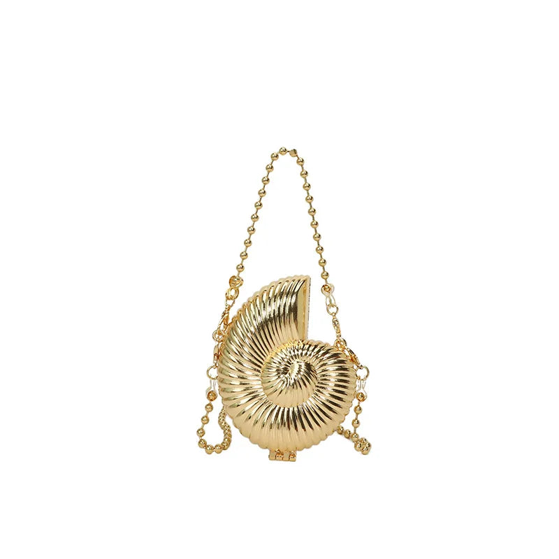 New Metal Mini Conch Bag for Women | Designer Luxury Frame Shoulder Bag | Fashionable Metallic Shell Makeup Bag | Unique Conch Crossbody & Lipstick Purse with Chain Luxegan