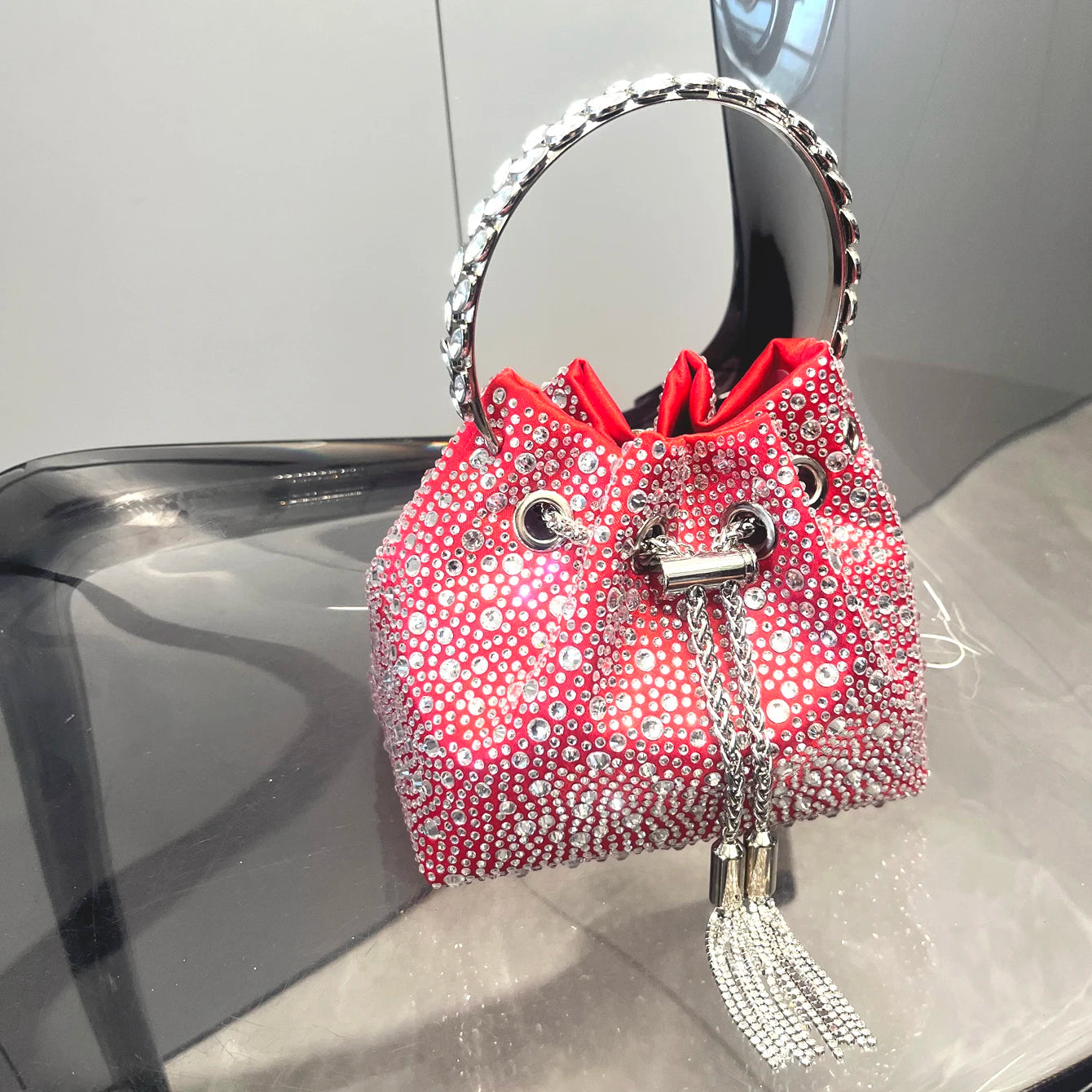 Luxury Designer Rhinestone Evening Clutch | Shiny Crystal Bucket Handbag & Fashion Shoulder Bag Luxegan