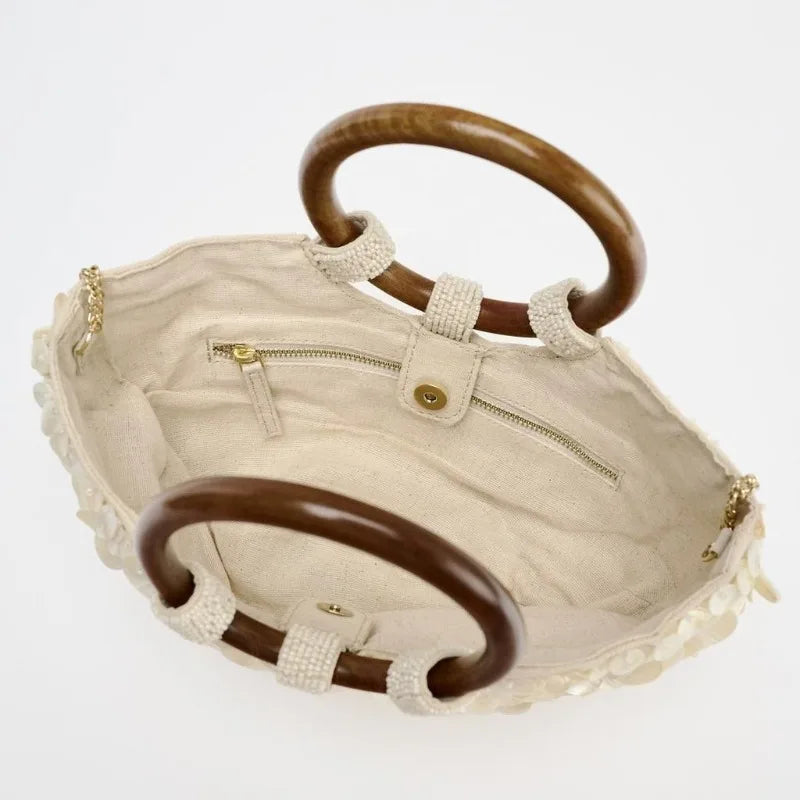 Faux Nacre Appliqué Half-Moon Bag for Women | New Double Circular Top Handles & Removable Chain Crossbody Strap (Fashionable & Versatile) Luxegan