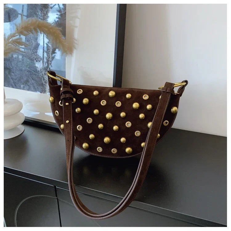 Women's Fashionable Faux Suede Armpit Bag | Versatile Stylish Design Crossbody Purse | High-Quality Solid Color Casual Tote | Retro Rivet Shoulder Bag with Zipper Closure Luxegan