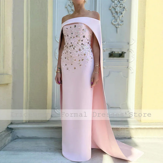 Luxurious Baby Blue Column Evening Dress with Cape | Elegant Off-The-Shoulder Sequin Beaded Gown | Premium Crepe Floor-Length Formal Dress | Model 1005009529729881 Exquisite Sweep Train Gala Dress Luxegan