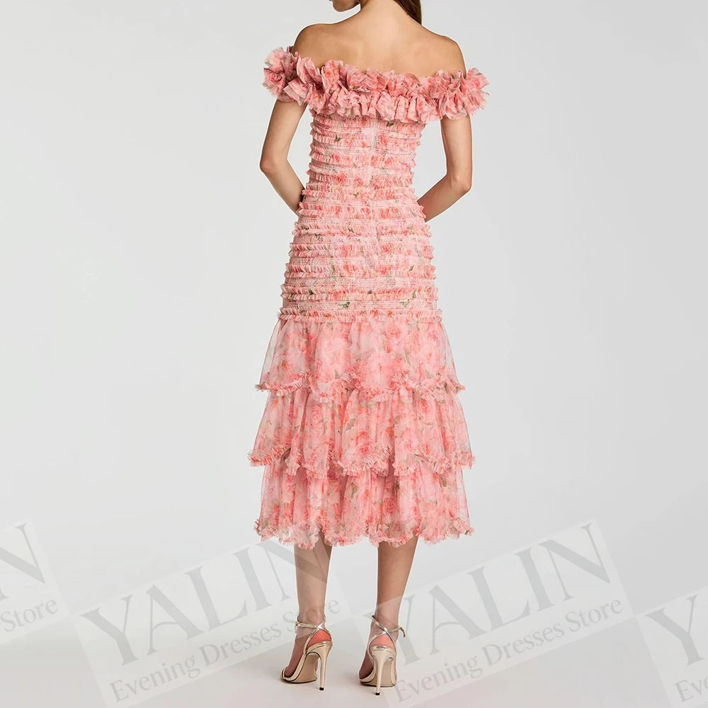 Floral Print A-Line Prom Dress | Off-Shoulder Tea-Length Ruched Evening Gown Luxegan