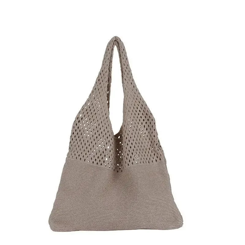 New Trend Women's Crochet Handbag | Retro Knitted Braid Solid Color Hollow Top-Handle Tote Bag (Black Khaki Shopper) Luxegan