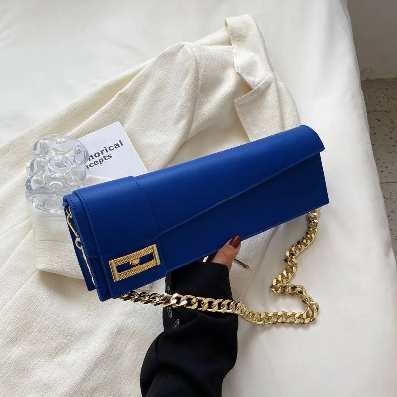High Quality Klein Blue PU Leather Shoulder Bag for Women | Fashion Rectangle Underarm Purse (Ladies' Solid Handbag with Chains) Luxegan