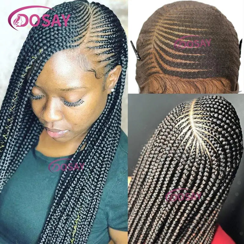 Synthetic Full Lace Front Wig Cornrow Double Braided Wigs For Black Women Box Side Part Braided Lace Wig Faux Locs Braids Wigs Luxegan