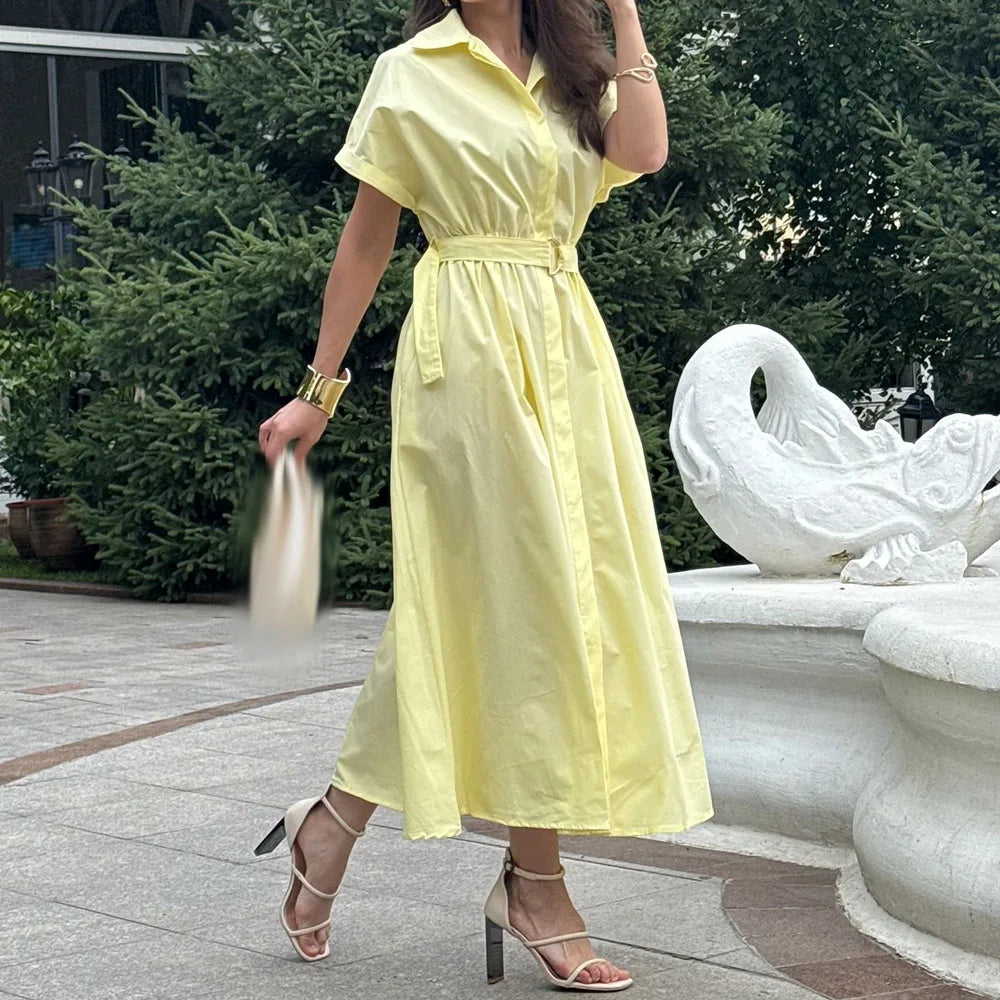 Sash Draped A-Line Evening Gown | V-Neck Short Sleeve Tea-Length Prom Dress Luxegan