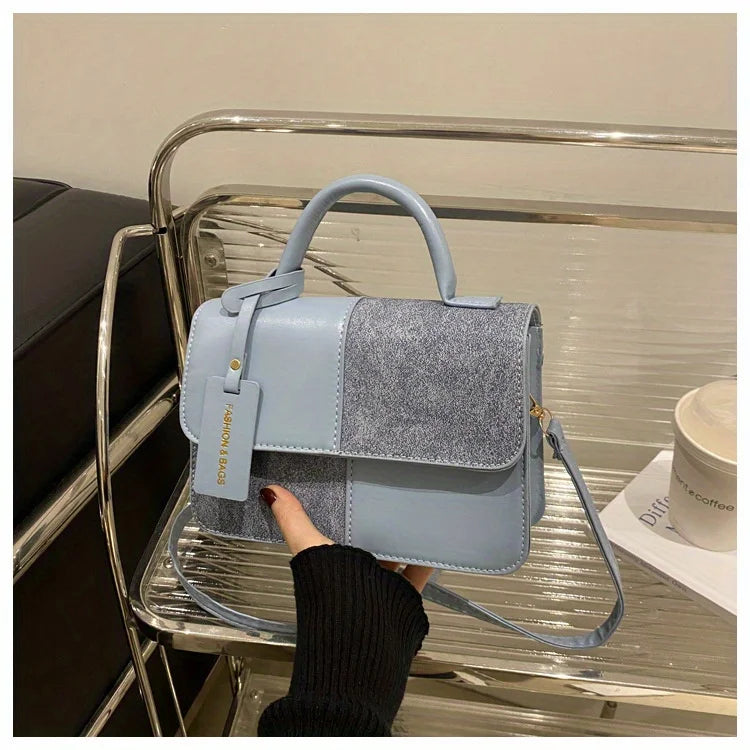 Elegant Geometric Patchwork Satchel Handbag | Vintage PU Leather Crossbody Shoulder Bag | Versatile Soft Tote with Snap Buckle Closure | Everyday Fashion Accessory for Women Luxegan