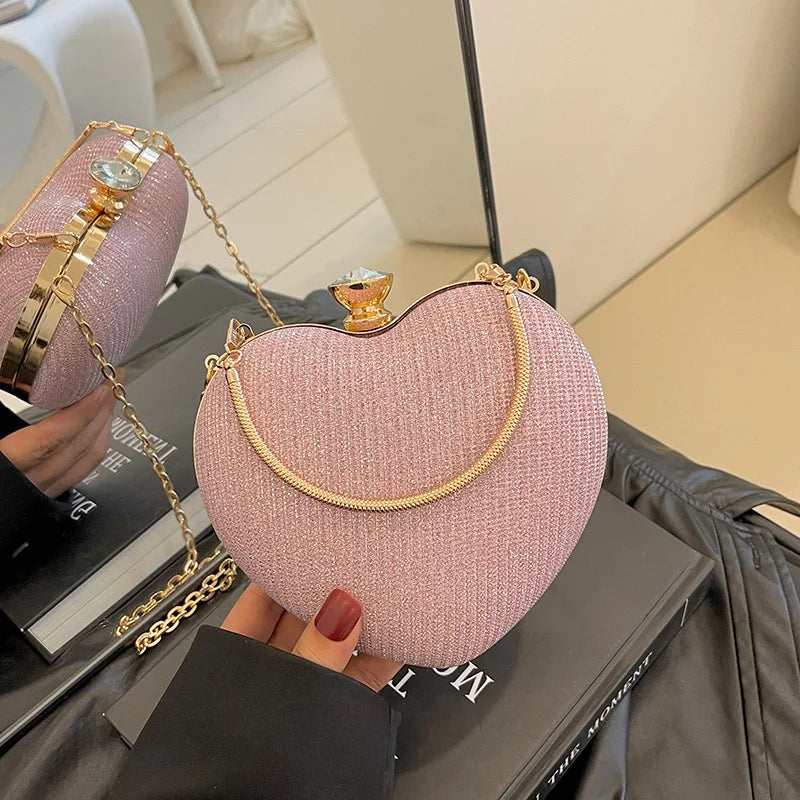 Shiny Heart Shape Metal Evening Clutch Bag for Women | Fashion Chain Shoulder Crossbody Bag (Luxury Lady Purse) Luxegan
