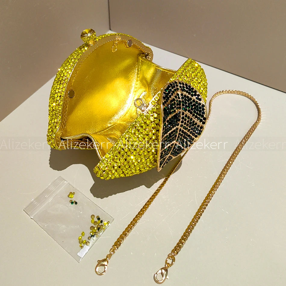 Gorgeous Lemon-Shaped Diamond Evening Bag | Unique Bling Rhinestone Metallic Purse | Luxury Crystal Wedding Party Handbag | Elegant Fruit-Shaped Dress Clutch for Women (Model AK-251115) Luxegan