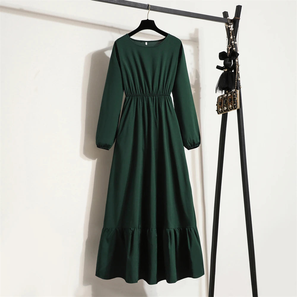 Women's Solid Chiffon Muslim Maxi Dress | Long-Sleeve Casual Loose Fit A-Line Dress | Full-Sleeve O-Neck Spring Autumn Ankle-Length Robe Luxegan
