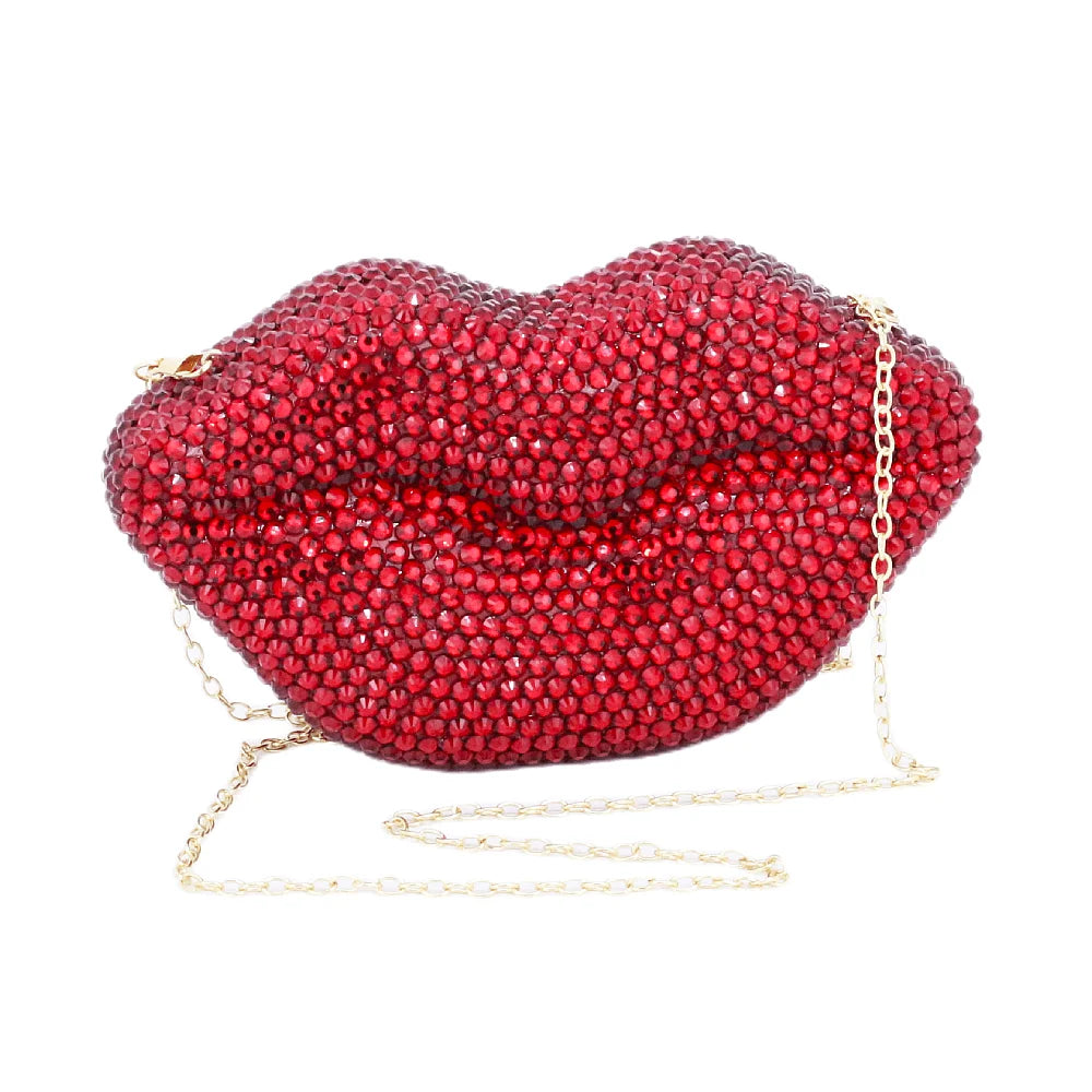 Luxury Red Lip Crystal Clutch | Sophisticated Diamond-Embellished Evening Bag | Elegant Novelty Lip-Shaped Handbag | "Dignified" Hard-Shell Dress Purse for Four-Season Formal Styling Luxegan