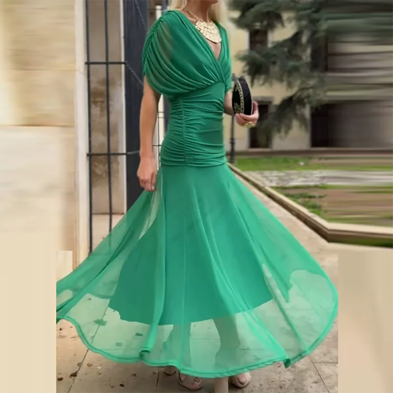 V-Neck Shawl Sleeve Pleated Maxi Dress | Floral Print Hollow Out High Waist Banquet Dress Luxegan