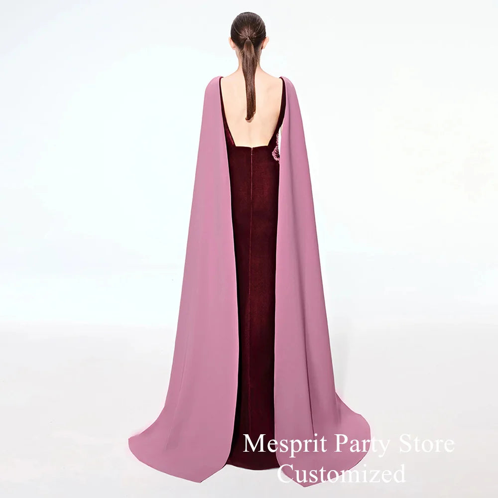 Burgundy Velour Mermaid Prom Dress with Detachable Cape | Customized Open-Back Formal Gown | Shimmering Beaded Sequined Boat-Neck Floor-Length Evening Dress Luxegan