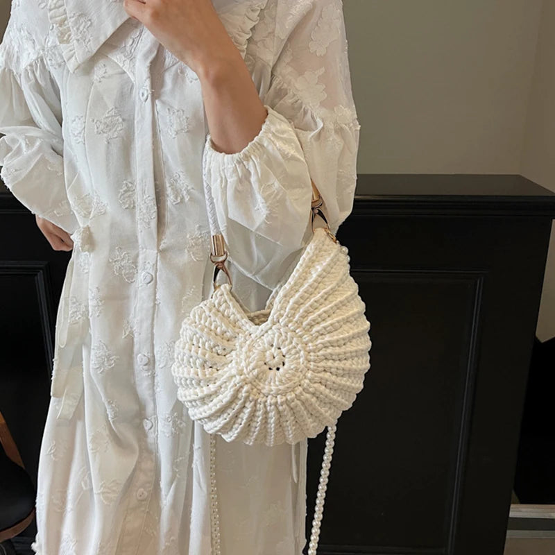 Cotton Hand-Woven Shell Bag | Luxury Pearl Chain Messenger Bag Luxegan