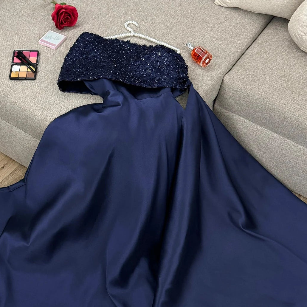 Women's Luxurious Dark Blue Evening Dress | Bead Embroidered Satin Cocktail Gown | Elegant Sweetheart Floor-Length Formal Party Dress | Premium Non-Woven Sleeveless A-Line Robe De Cocktail with Built-in Bra Luxegan