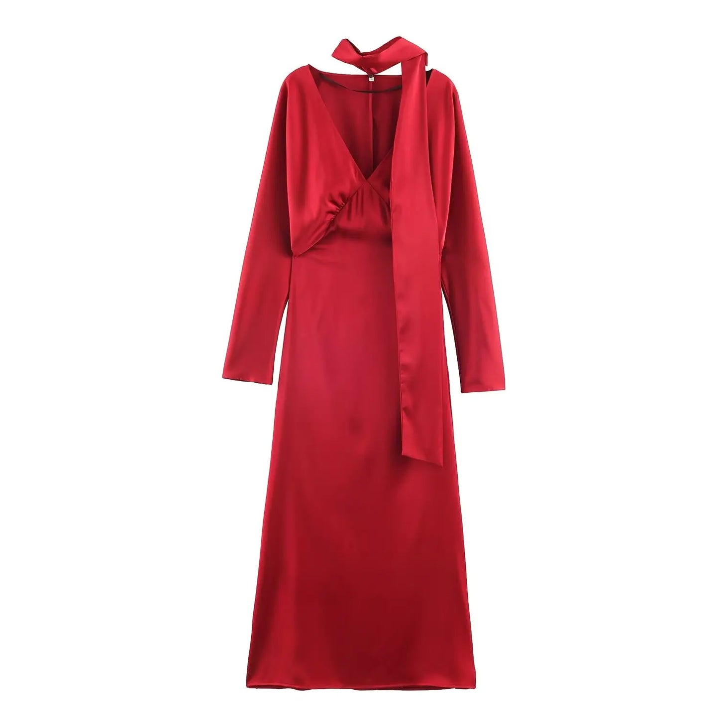 Satin V-Neck Midi Dress with Scarf | Long Sleeve A-Line Chic Elegant Casual Dress Luxegan