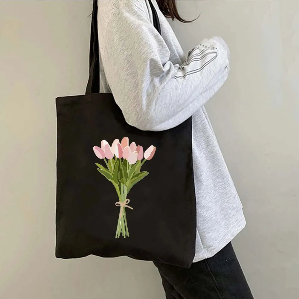 Succulove Floral Cotton Tote Bag | Large Capacity Handbag with Tulips, Hydrangeas, Sunflowers & More (Casual Shoulder Shopper, Eco-Friendly) Luxegan
