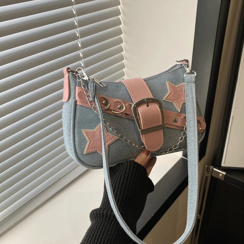 Fashion Women's Handbags Denim Stars Pattern | Cool Girls Underarm Bag Female Small Shoulder Hobo Bags Chain Tote Bag Luxegan