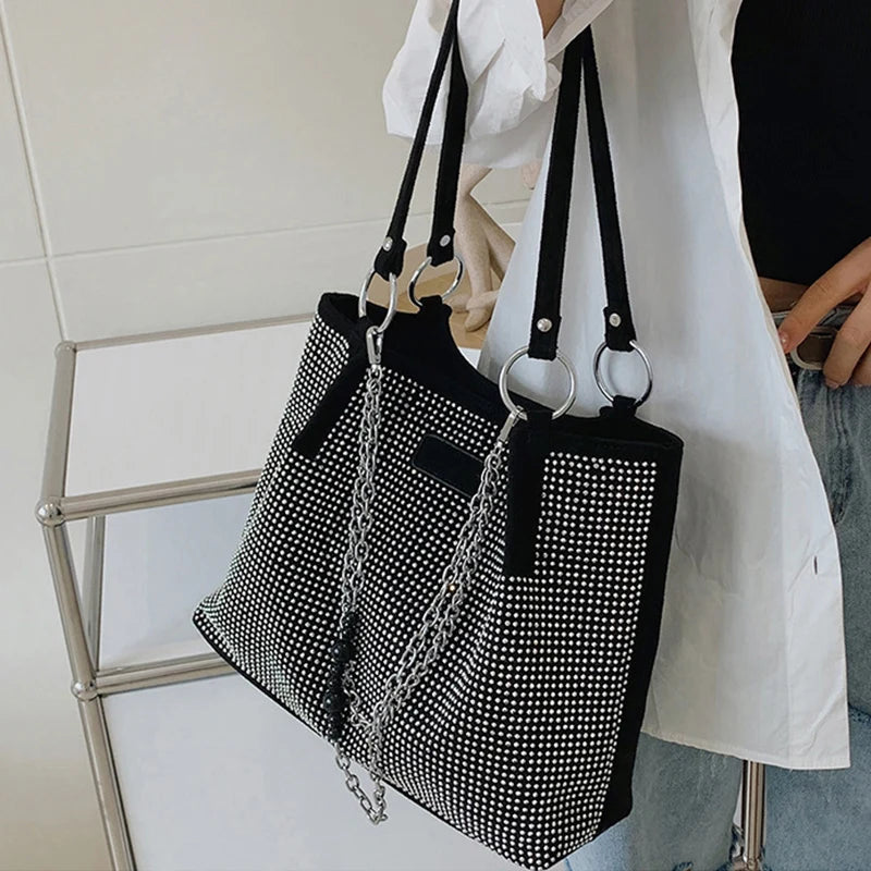 Women's Luxury Design Shopper Tote | Large-Capacity PU Leather Rhinestone Handbag Luxegan