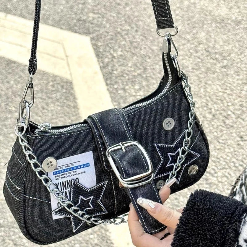 Aesthetic Women's Denim Handbag | Chain Shoulder Bag with Star Detail | Soft Underarm & Top Handle Armpit Bag for Shopping & Dating Luxegan